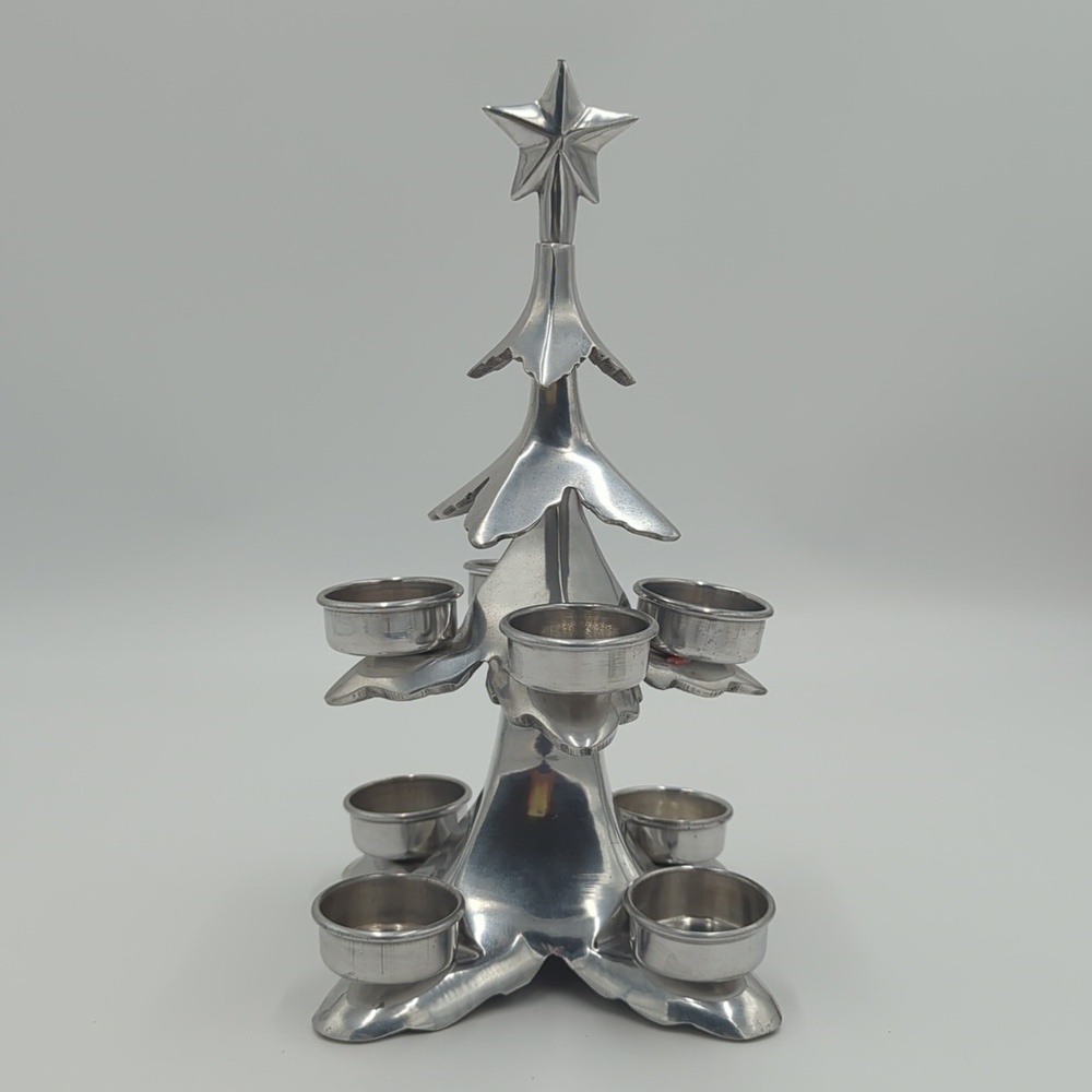 Metal Christmas Tree Tea Light Candle Holder Silver 11 Inch Festive Star Vintage